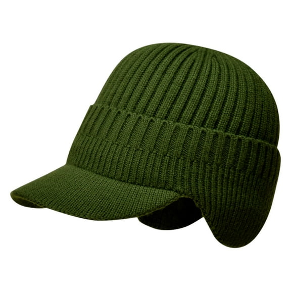 Knit Beanies with Visor & Earflaps for Men and Women, Winter Hats Fleece Lined Hat Stocking Caps Soft Warm Headwear Army Green Free