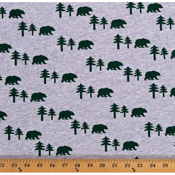 Knit Bears Pine Trees Silhouettes Northwoods Animals Wildlife Green on Heather Gray 60" Wide Cotton Knit Fabric Print by the Yard (D338.22)