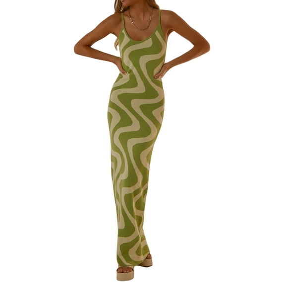 Knit Bodycon Dresses for Women Summer Spaghetti Strap Sexy Night Out Midi Maxi Dress Sleeveless Long Cut Out Dress