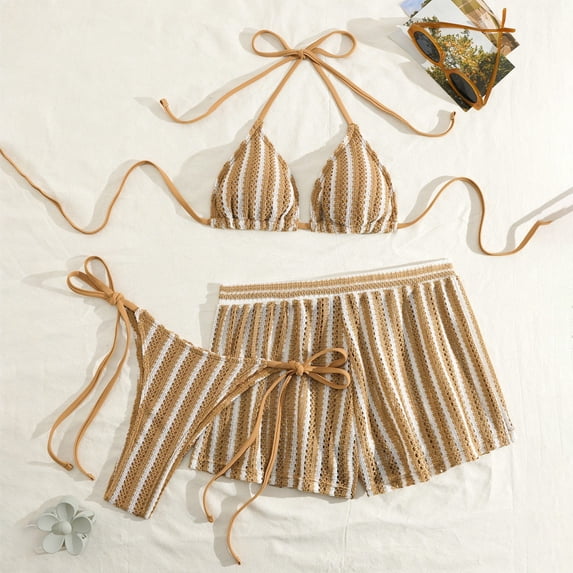 Knit Bohemian Striped Bikini Set for Summer Beachwear Unique Two Piece Swimsuit Cover Up with High Waist Bottoms, M, Khaki