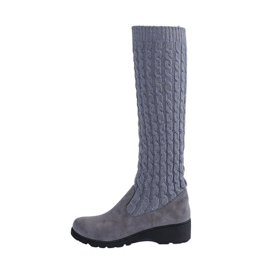 Knit Boots for Women Mid Calf Sock Boots Cable Knit Shaft Round Toe Low Flat Heel Pull On Winter 38