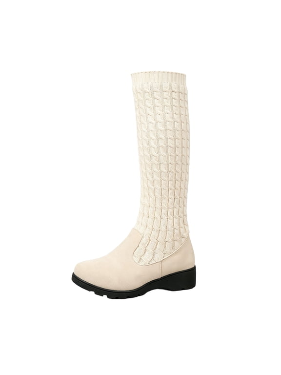 Knit Boots for Women Mid Calf Sock Boots Cable Knit Shaft Round Toe Low Flat Heel Pull On Winter 41