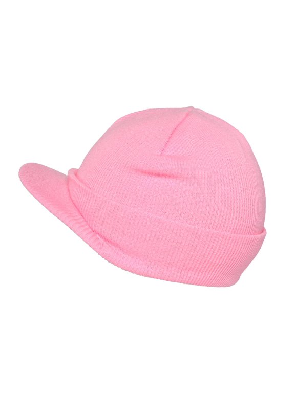 Knit Brim Ski Hat - Winter Visor Cap Skull Beanie (Pink)