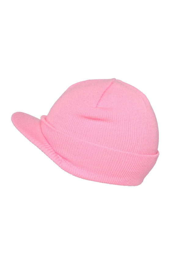 Knit Brim Ski Hat - Winter Visor Cap Skull Beanie (Pink)