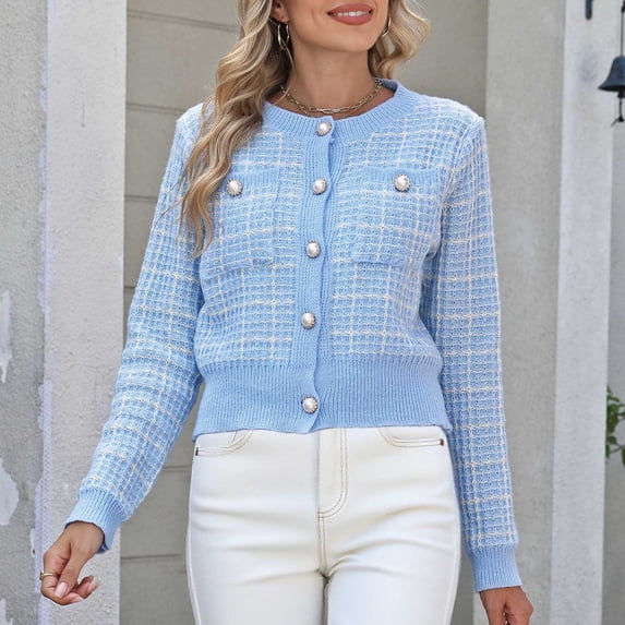 Knit Cardigan Baeitkot Fashionable Women's Checkered Printed Pearl Button Pocket Casual Knitted Sweater Cardigan Top