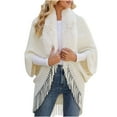 thumbnail image 1 of Knit Cardigan Shrug Shawls Faux Fur Collar Tassels Free-size Ribbed Open Front Cardigan Wraps Sweater for Women (Free Size, White), 1 of 6