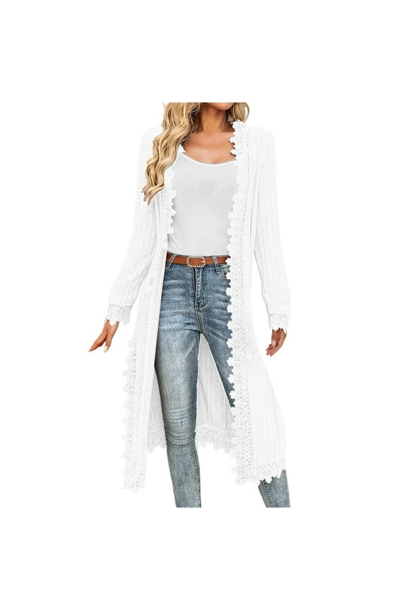 Knit Cardigan Sweater Mid Length Jackets for Women Long Sleeve Lace Trim Open Front Fall Spring Casual Cardigans (S, White)