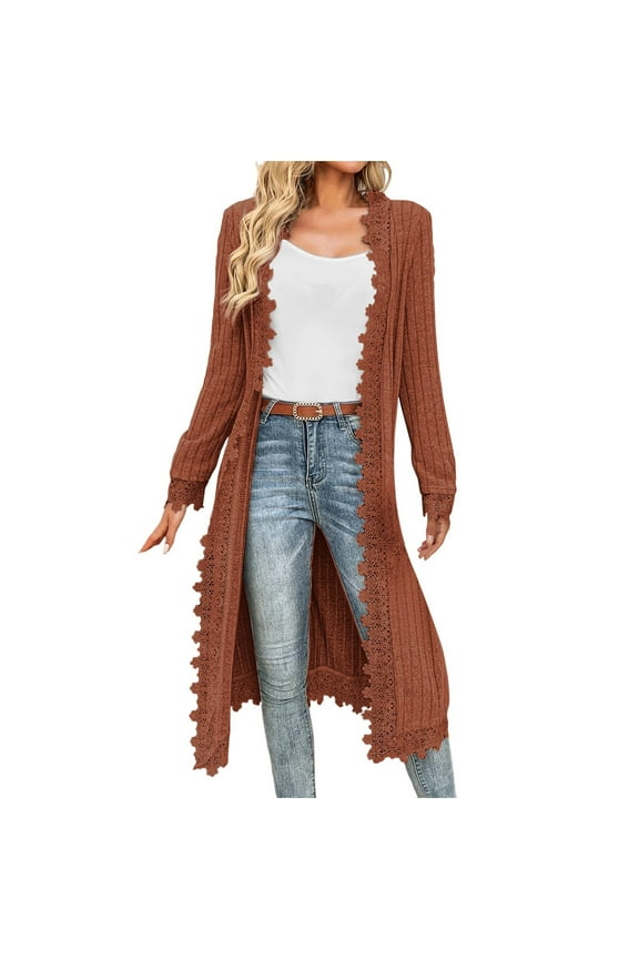 Knit Cardigan Sweater Mid Length Jackets for Women Long Sleeve Lace Trim Open Front Fall Spring Casual Cardigans (XL, Brown)