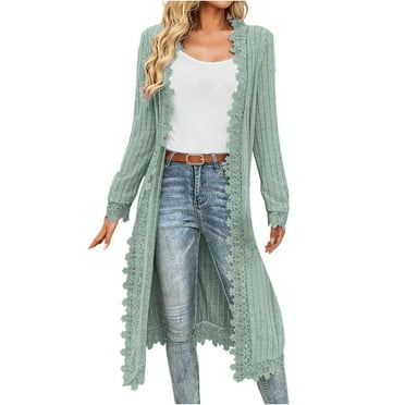 Knit Cardigan Sweater Mid Length Jackets for Women Long Sleeve Lace Trim Open Front Fall Spring Casual Cardigans (XL, Mint Green)