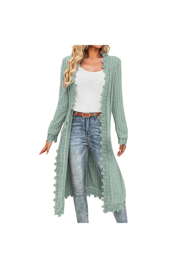 Knit Cardigan Sweater Mid Length Jackets for Women Long Sleeve Lace Trim Open Front Fall Spring Casual Cardigans (XL, Mint Green)