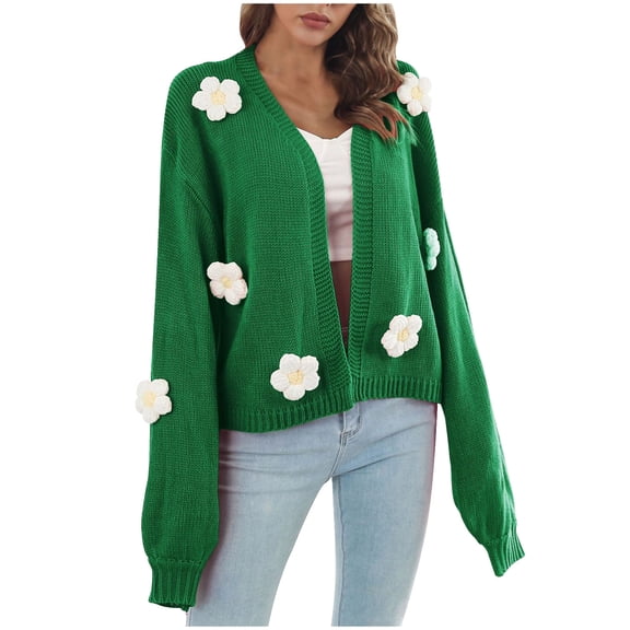 Knit Cardigan Sweater for Women Embroidered Flowers Drop Shoulder Lantern Long Sleeve Open Front Crop Jackets (Large, Green)