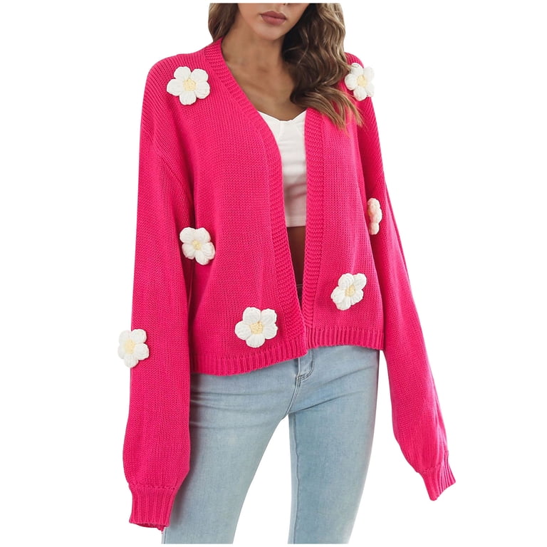 Knit Cardigan Sweater for Women Embroidered Flowers Drop Shoulder