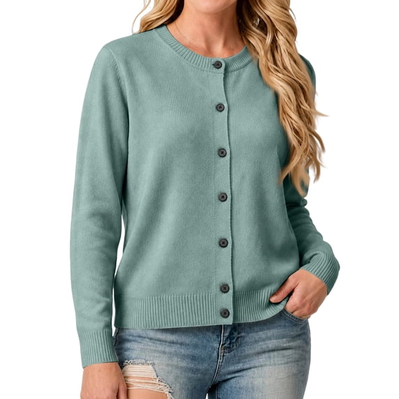 Knit Cardigan Sweaters for Women Crew Neck Long Sleeve Button Down Sweater | Business Casual,Lightweight Soft Knit,Solid Color Round Neck Tops,Relaxed Fit Holdaiy Travel,Air Conditioner Layering