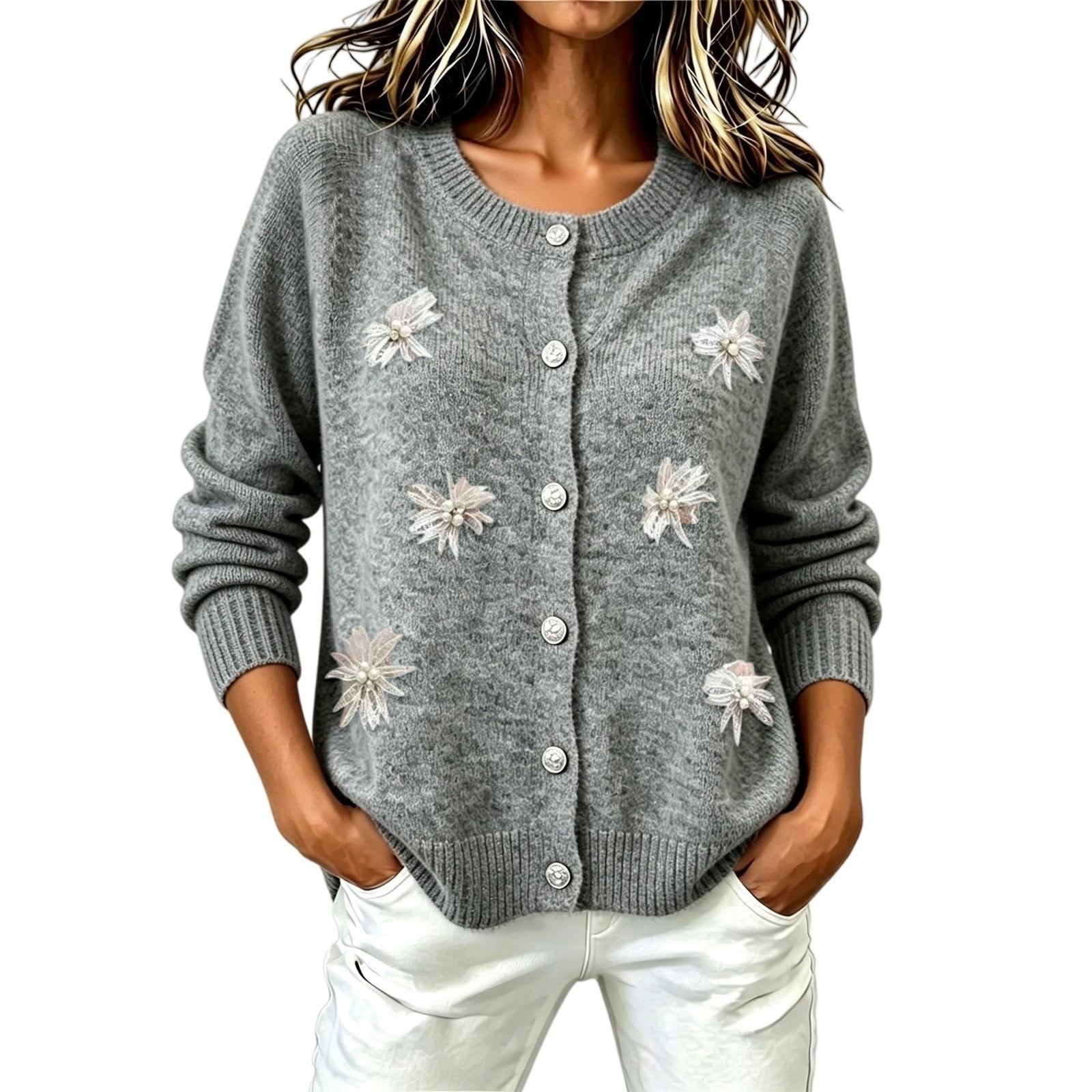 Knit Cardigan Sweaters for Women Floral Crochet Lightweight Fall