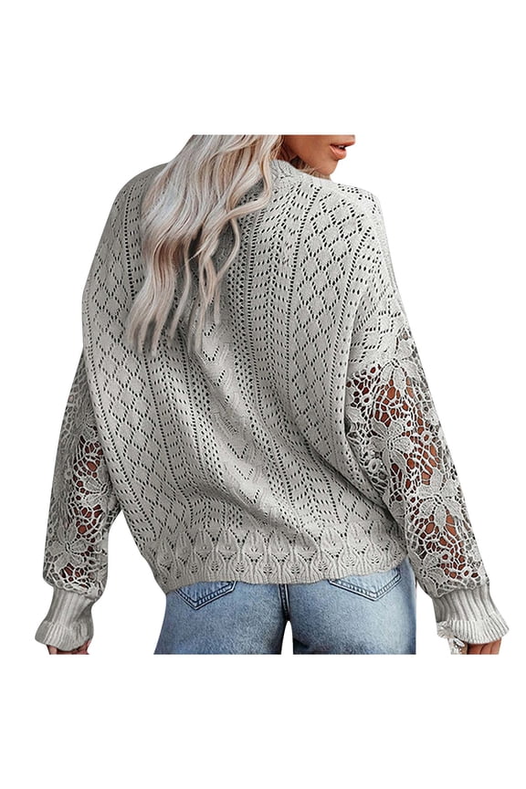 Knit Cardigans for Women Button Down Open Front Sweater Hollow Out Lace Long Sleeved Pullover Ladies V Neck Tops (L, Gray)