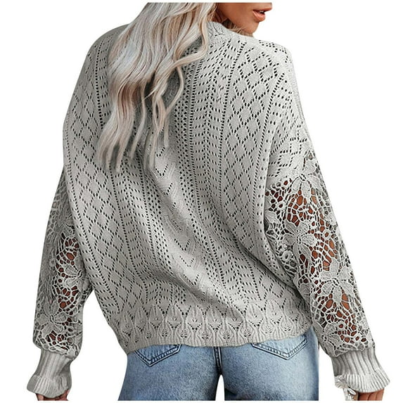 Knit Cardigans for Women Button Down Open Front Sweater Hollow Out Lace Long Sleeved Pullover Ladies V Neck Tops (M, Gray)