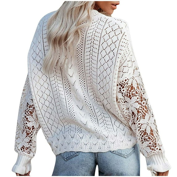 Knit Cardigans for Women Button Down Open Front Sweater Hollow Out Lace Long Sleeved Pullover Ladies V Neck Tops (M, White)