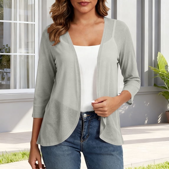Knit Cardigans for Women Women's Open Front Cardigan 3/4 Sleeve Lightweight Solid Casual Cover up for Summer Daily Wear and Office Gray XL
