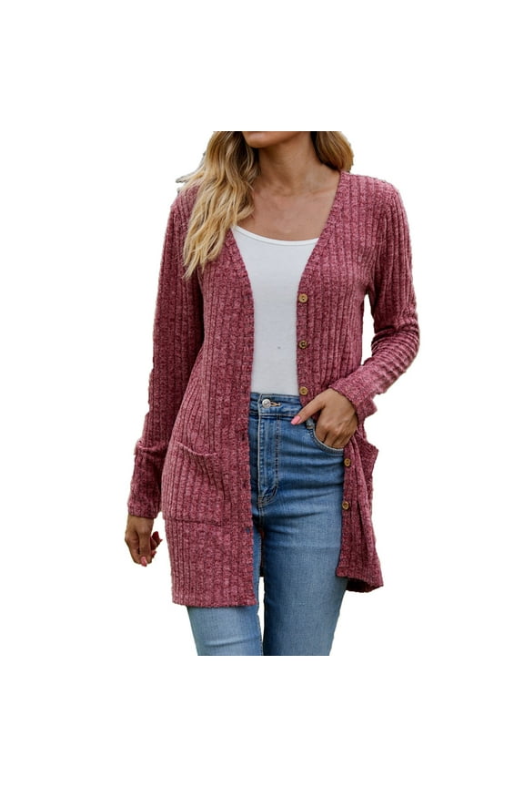Knit Cardigans with Pockets Long Sleeve Womens Ribbed Button Up Mid Length Jacket Casual Plain Fall Outwear Coat (X-Large, Wine)