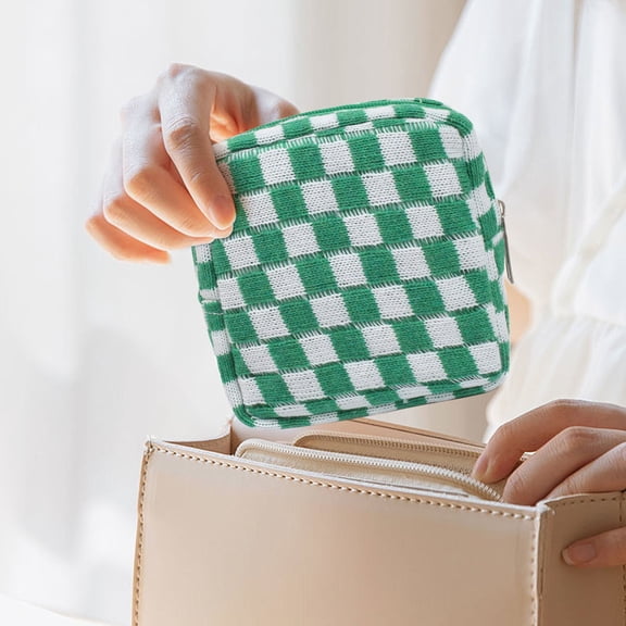 Knit Checkerboard Coin Purse - Large Capacity Portable Storage Bag for Cosmetics Accessories - Fashionable Handbag Organizer with Stylish Design