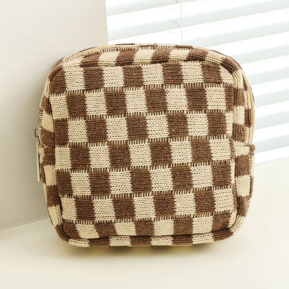 Knit Checkerboard Coin Purse Portable Large Capacity Storage Bag for Makeup, Cosmetics, Phone, and Daily Essentials, Fashionable Travel Organizer
