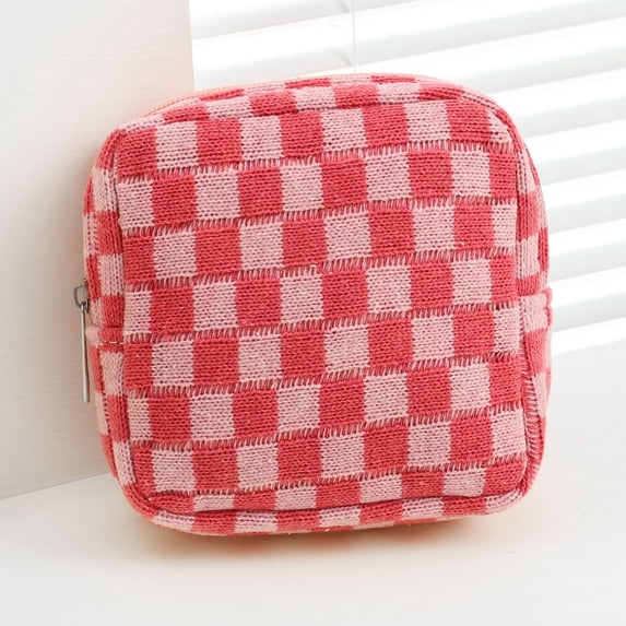 Knit Checkerboard Coin Purse Portable Large Capacity Storage Bag for Makeup, Cosmetics, Phone, and Daily Essentials, Fashionable Travel Organizer