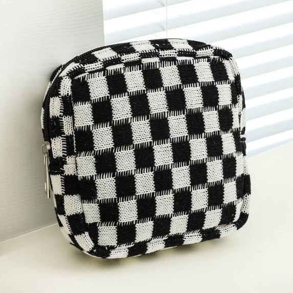 Knit Checkerboard Coin Purse Portable Large Capacity Storage Bag for Makeup, Cosmetics, Phone, and Daily Essentials, Fashionable Travel Organizer