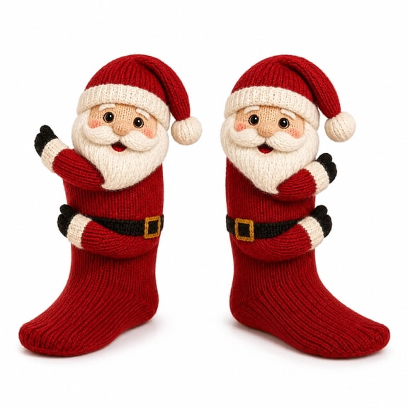 Knit Christmas Stocking, 3D Plush Knitted Santa Hugging Red Ribbed Sock, 7.9 Inch Decor for Mantel Fireplace and Tree - Santa