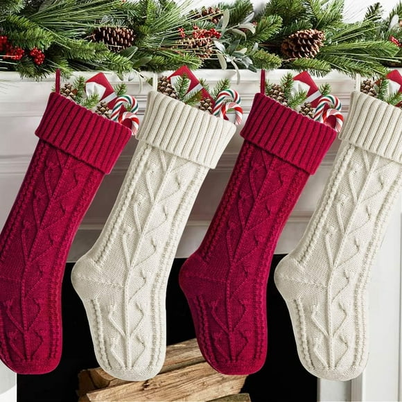 Knit Christmas Stockings 4 Pack 18 Inch, Large Cable Knitted Stockings, Country Rustic Holiday Indoor Decorations for Family, Burgundy Red & Cream White