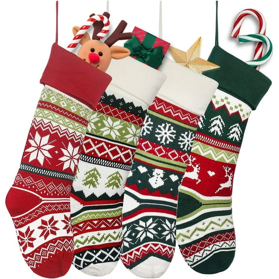 Knit Christmas Stockings,4 Pack Snowflake Reindeer Snowman Personalized Cable Knit Stockings for Christmas Candy Gifts Decor