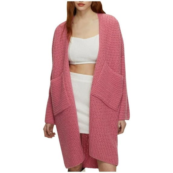 Knit Coat for Women Cardigan Sweaters with Pockets Long Sleeve Open Front Top Solid Color Oversized Casual Fall Clothes (Pink XL)