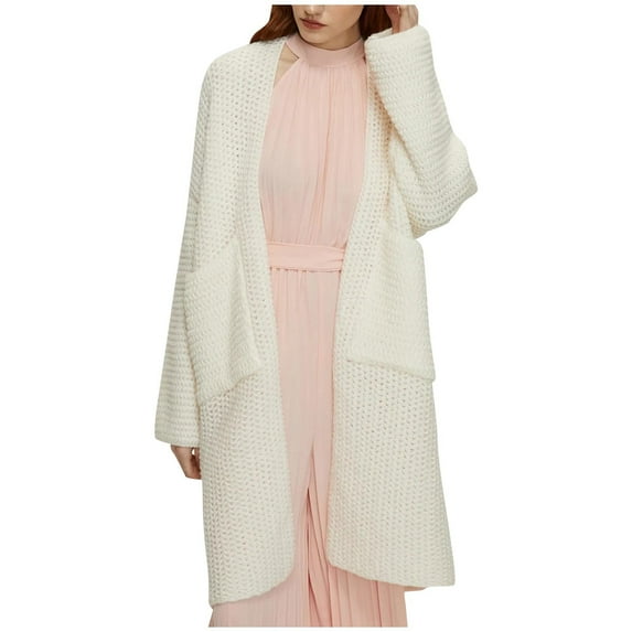 Knit Coat for Women Cardigan Sweaters with Pockets Long Sleeve Open Front Top Solid Color Oversized Casual Fall Clothes (White S)