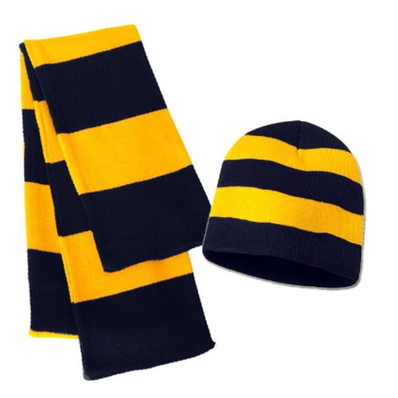 Knit Collegiate Rugby Striped Winter Scarf & Beanie Hat Set - Navy / Golden Yellow