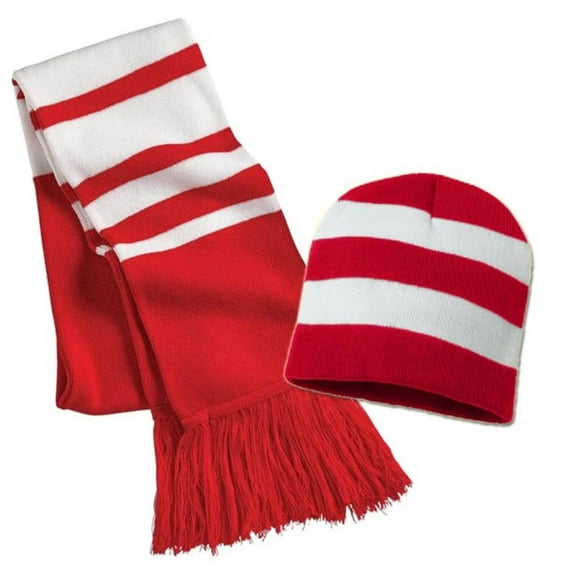Knit Collegiate Rugby Striped Winter Scarf & Beanie Hat Set - Red / White