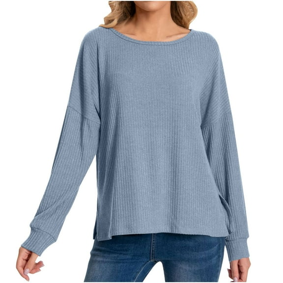 Knit Crew Neck Tops for Women Casual Loose Solid Color Long Sleeve Pullover Shirt Fashion Fall Lounge Basic Tee (Blue 2XL)