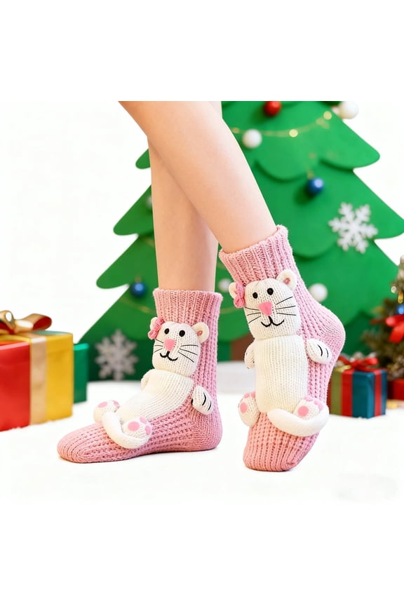 Knit Crochet Christmas Floor Socks, Handmade Warm Winter Socks with Stretchy Cozy Fit for Holiday Gifts and Daily Wear, Soft Thermal Socks for Women Adults Home Use