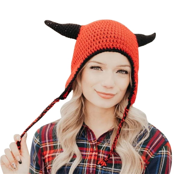 Knit Devil Hat Hat Earflap Hat Beanies Devil Horn Hat Beanies Halloween Funny Hat Earflap Beanies