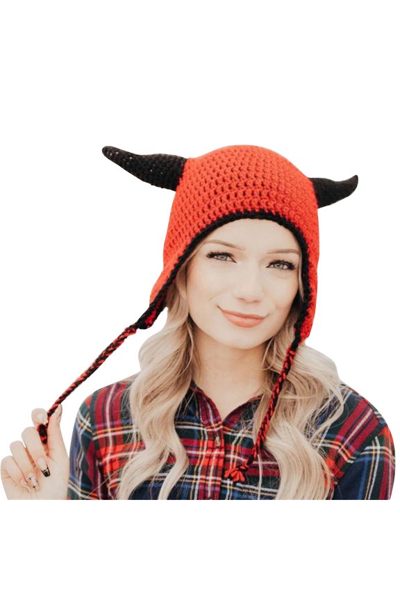 Knit Devil Hat Hat Earflap Hat Beanies Devil Horn Hat Beanies Halloween Funny Hat Earflap Beanies
