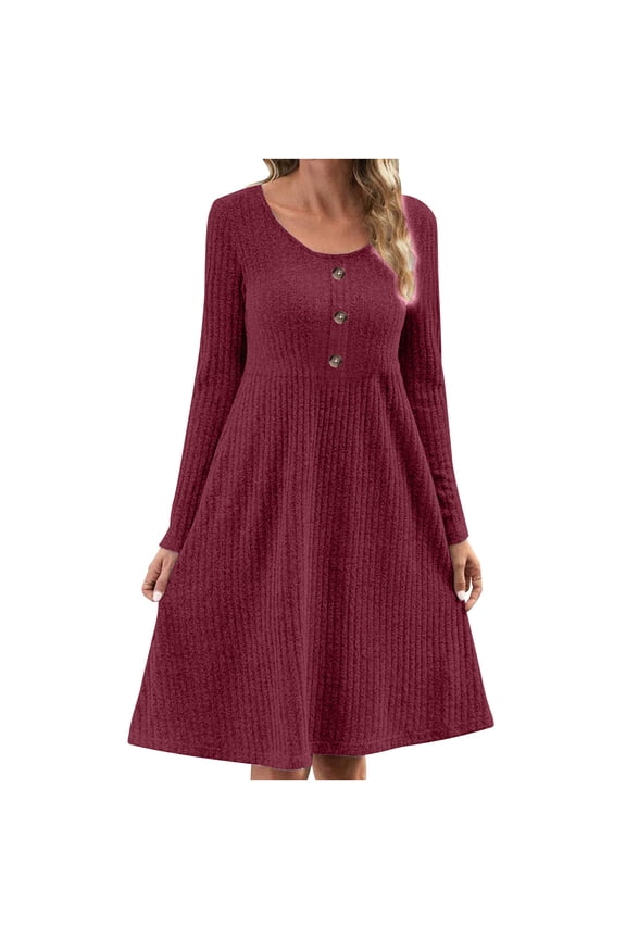 Knit Dresses for Women Square Neck Long Sleeve Midi Dress Fall Fashion Button Solid Color Sweater Dresses (Wine 2XL)