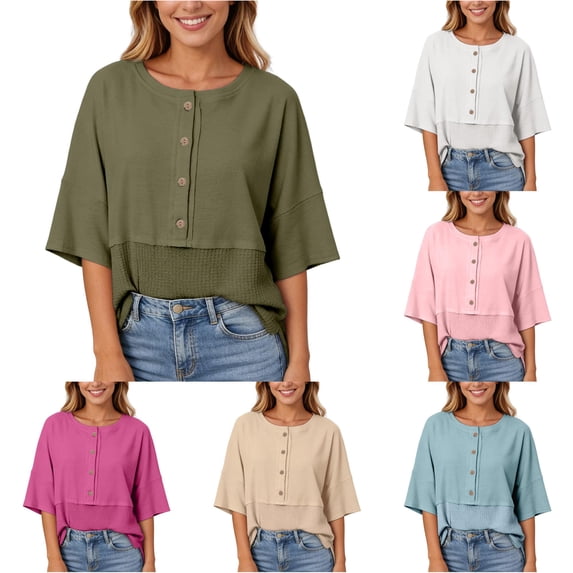 Knit Fashion 3/4 Sleeve Casual Button Down Shirts Crew Neck Oversized Patchwork Blouses Workout Tops for Women