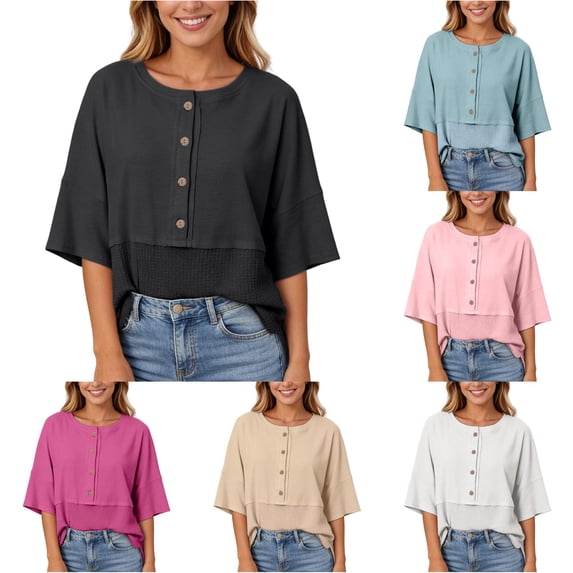 Knit Fashion 3/4 Sleeve Casual Button Down Shirts Crew Neck Oversized Patchwork Blouses Workout Tops for Women
