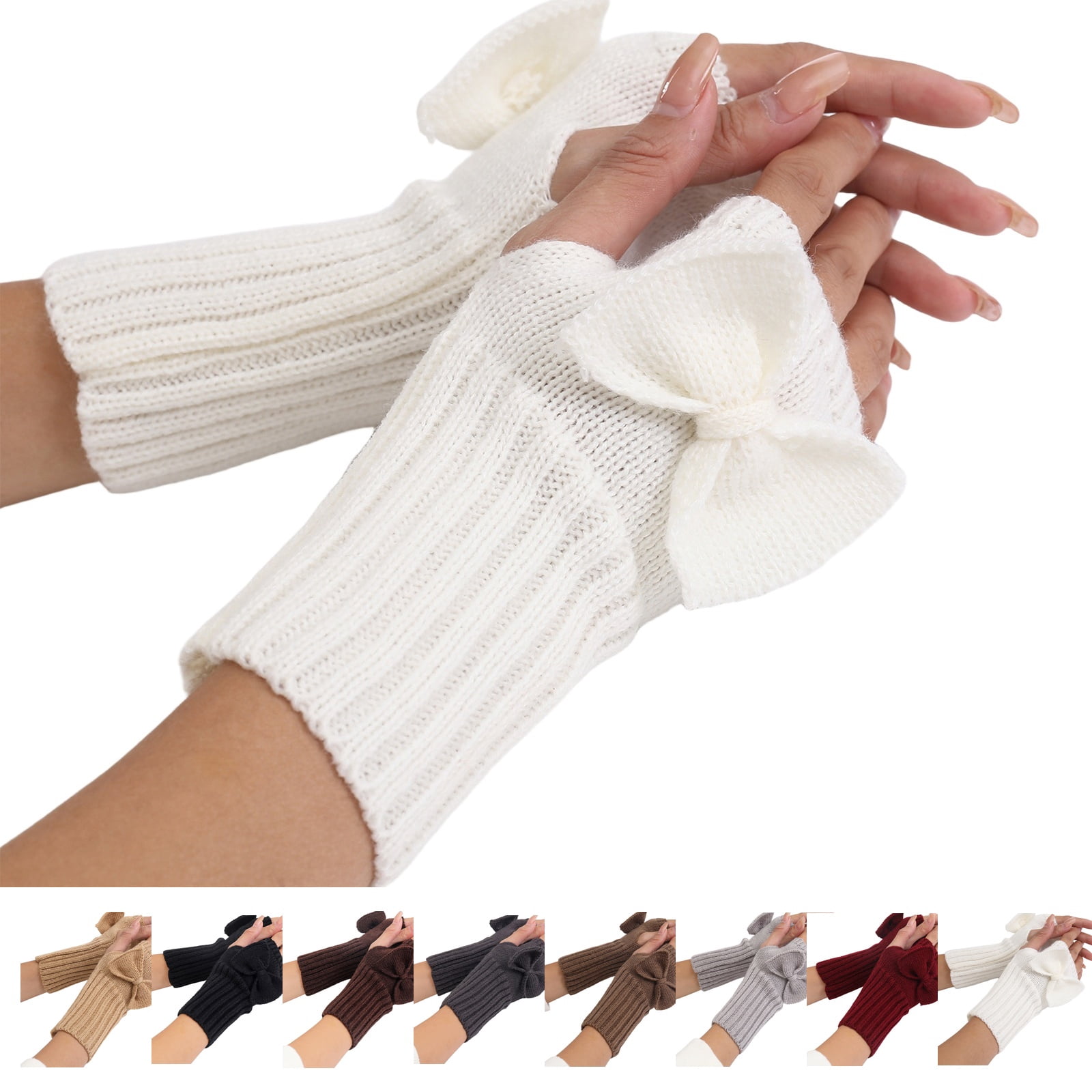 Knit Fingerless Gloves Bowknot Crochet Thumb Holes Gloves Hand Wrist ...
