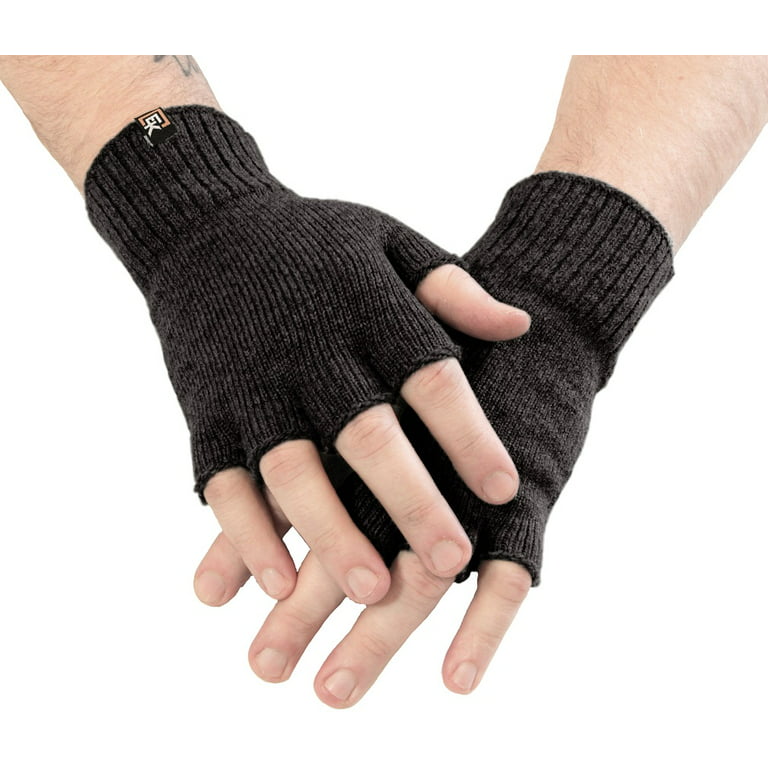 Knit Fingerless Gloves, Superfine Italian Merino Wool, Black, Large 