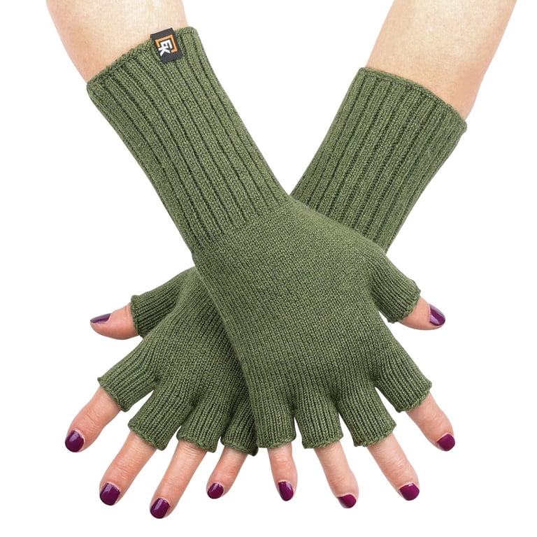 Knit Fingerless Gloves, Superfine Italian Merino Wool, Moss, Small