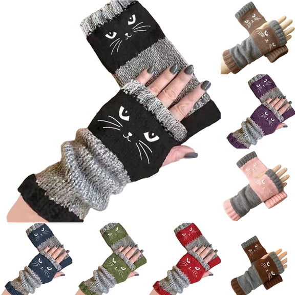 Knit Fingerless Gloves for Women, Cute Cat Embroidery Splicing Womens Knitted Glove, Warm Cozy Winter Vintage Green One Size
