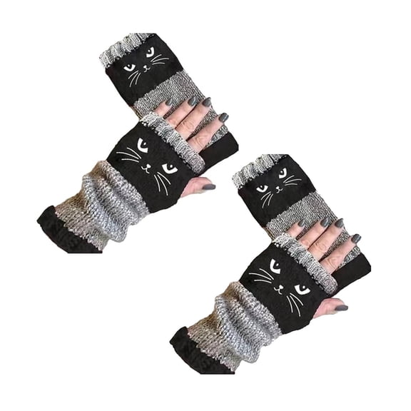 Knit Fingerless Gloves for Women, Cute Cat Embroidery Splicing Womens Knitted Glove, Warm Cozy Winter Vintage(black(2 pair))