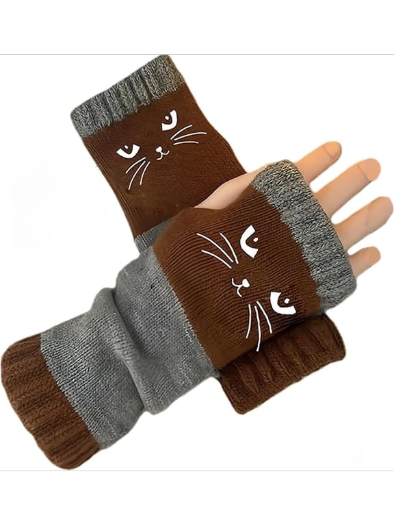 Knit Fingerless Gloves for Women, Cute Cat Embroidery Splicing Womens Knitted Glove, Warm Cozy Winter Vintage