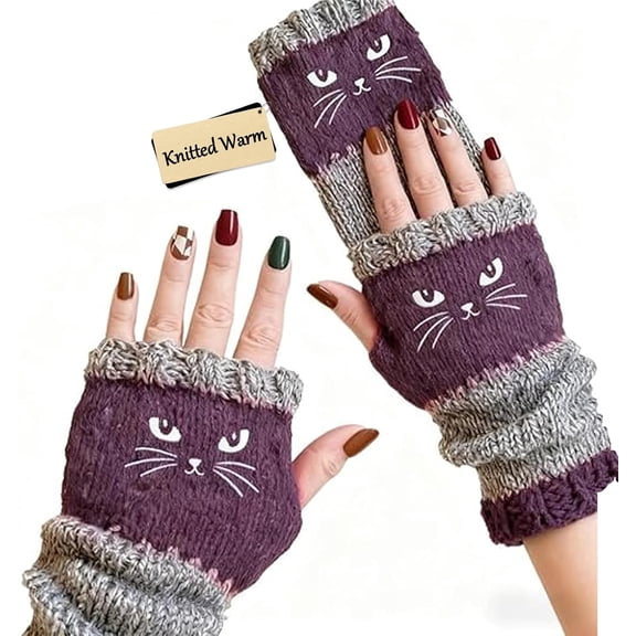Knit Fingerless Gloves for Women, Cute Cat Embroidery Splicing Womens Knitted Glove, Warm Cozy Winter Vintage