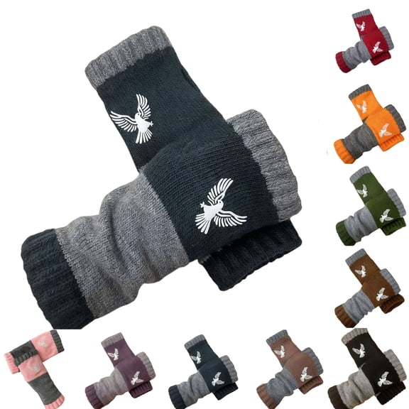 Knit Fingerless Gloves for Women, Cute Embroidery Splicing Womens Knitted Glove, Warm Cozy Winter Vintage Coffee One Size