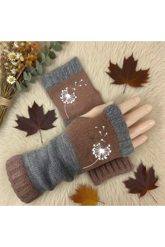 Knit Fingerless Gloves for Women, Cute Embroidery Splicing Womens Knitted Glove, Warm Cozy Winter Vintage Khaki One Size